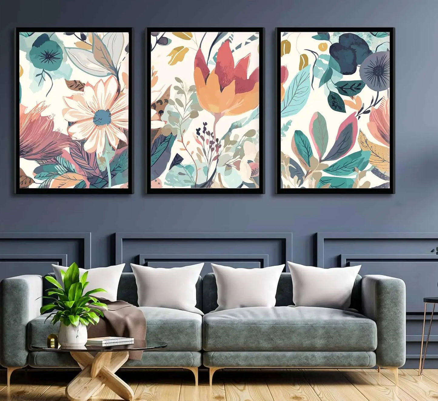 Set 3 ks obrazů s botanickým vzorem květin na plátně Touli