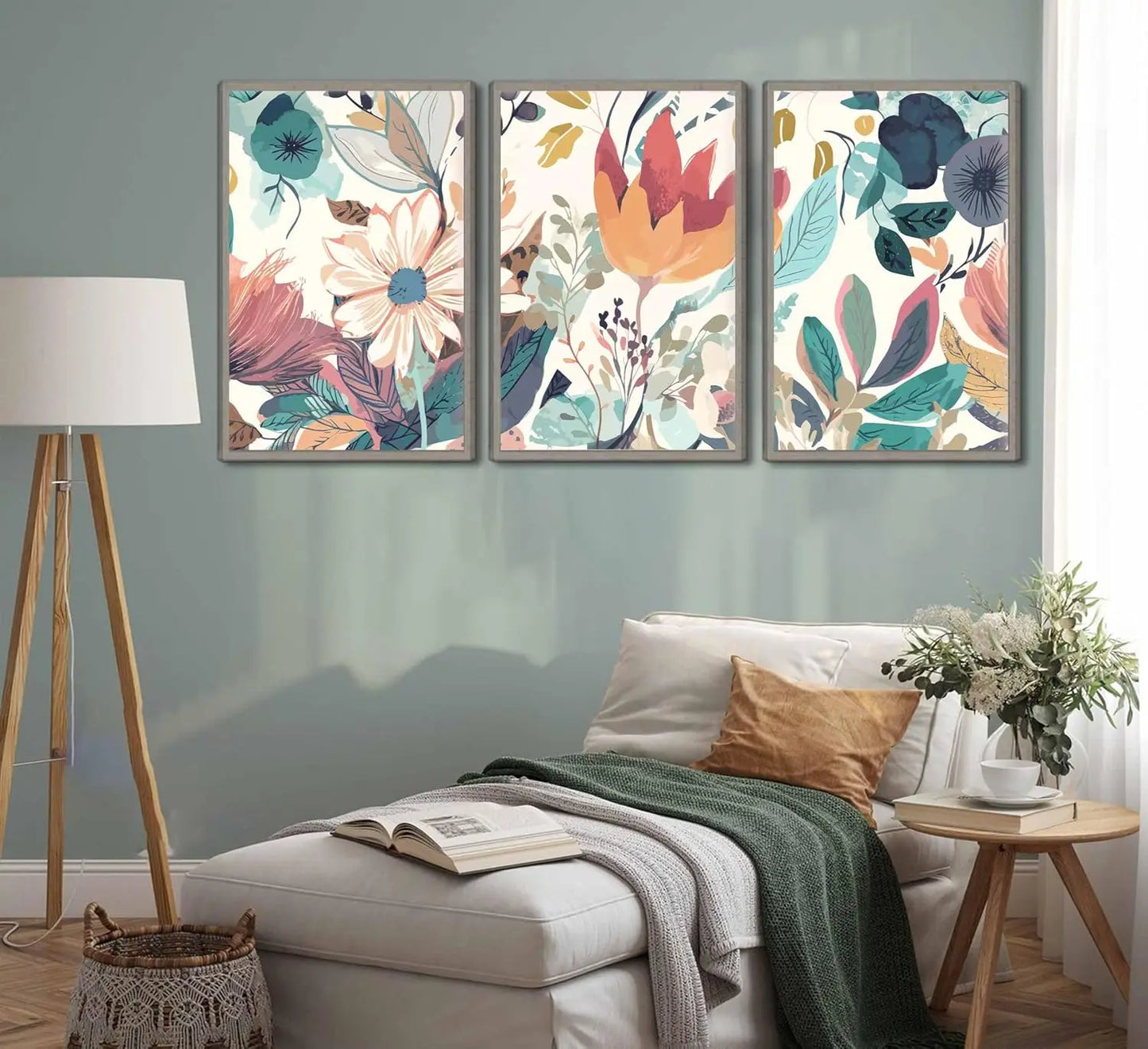 Set 3 ks obrazů s botanickým vzorem květin na plátně Touli