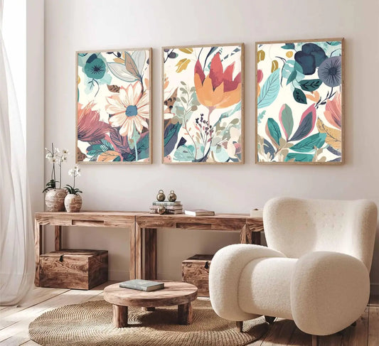 Set 3 ks obrazů s botanickým vzorem květin na plátně Touli