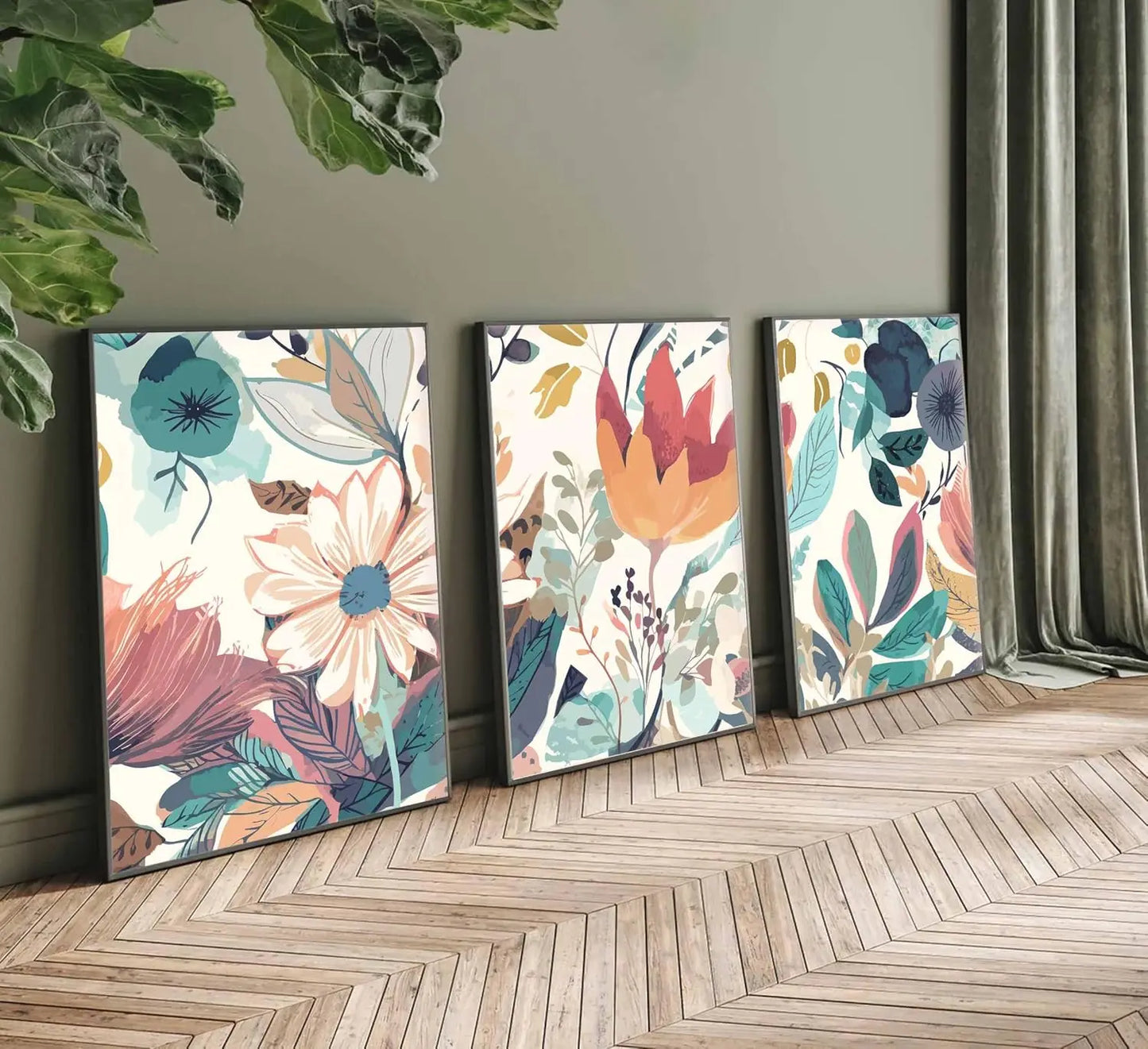 Set 3 ks obrazů s botanickým vzorem květin na plátně Touli