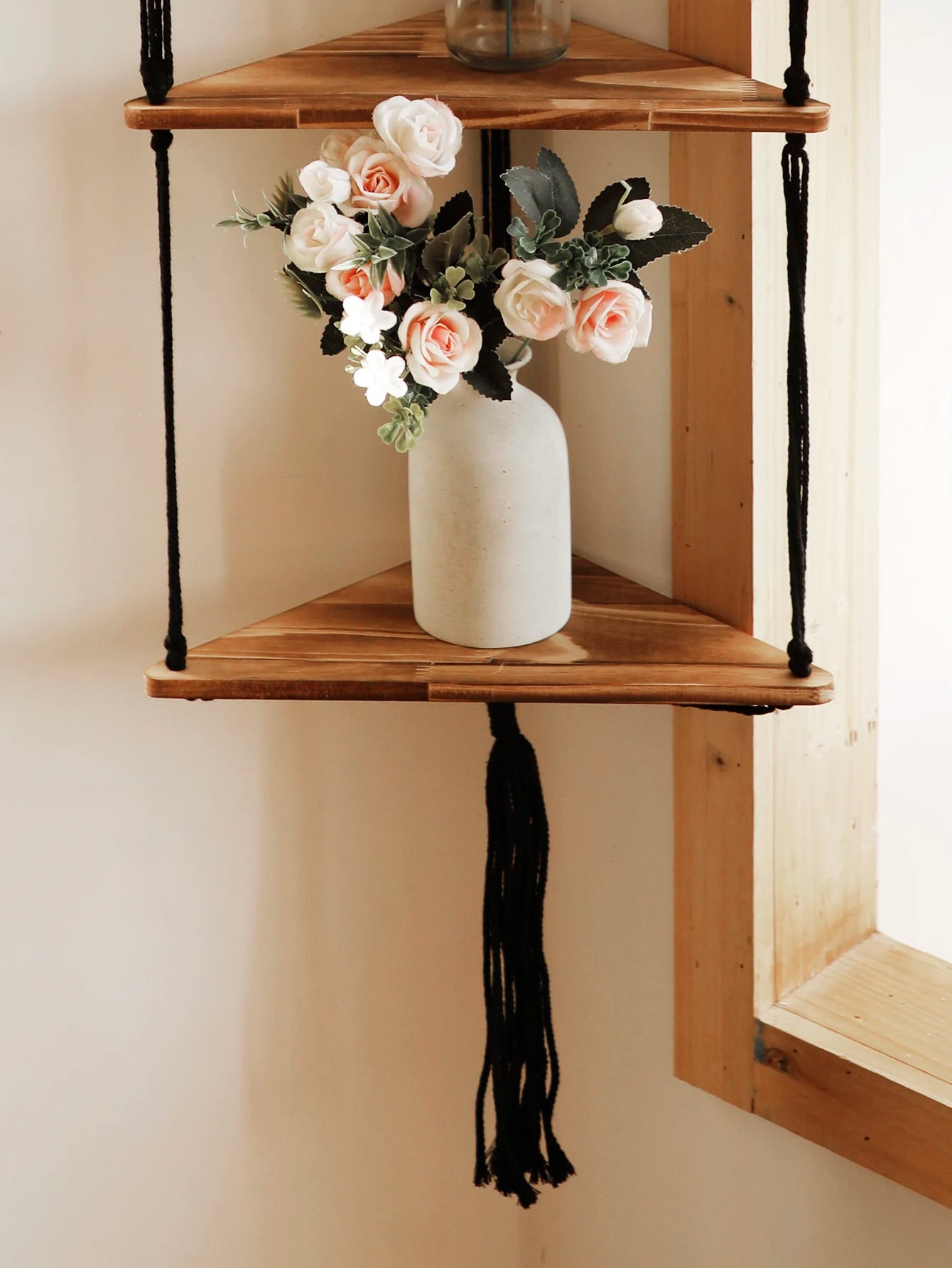 Boho Macrame wooden corner shelf