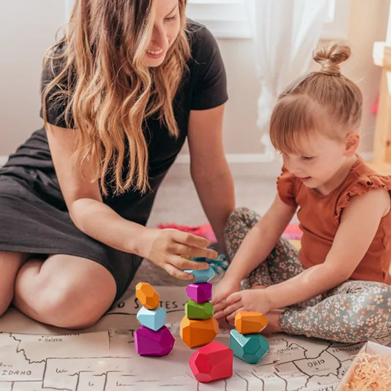 Balanční dřevěná stavebnice z duhových kamenů Montessori