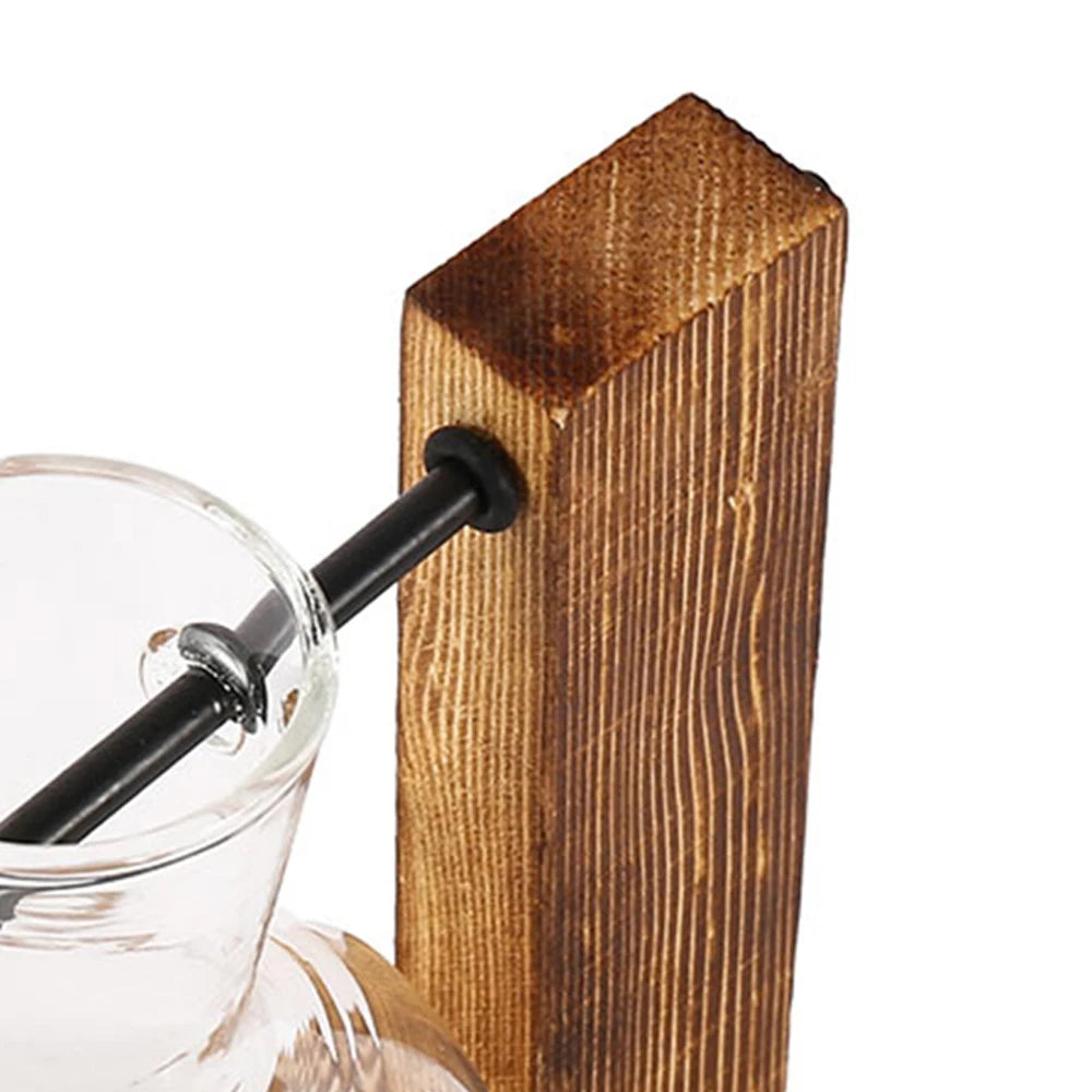 Wooden stand for hydroponic plants in the form of glass flasks