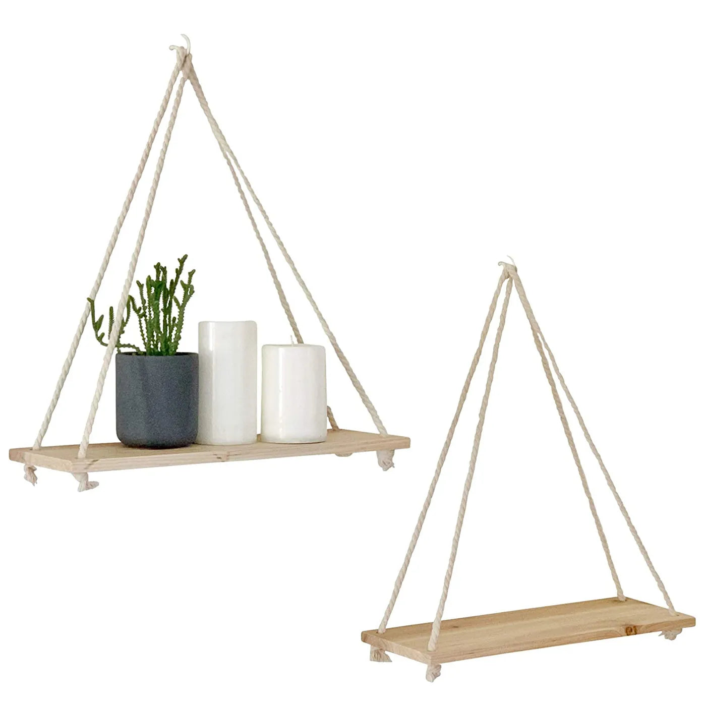 Boho wooden shelves on a string in the shape of a swing