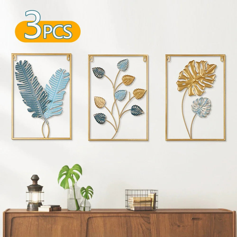 Set 3 ks kovových obrazů listů v rámu 3Pcs  Ginkgo Leaf