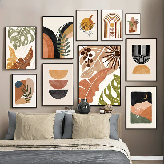 Set of 3 modern abstract paintings in Boho style printed on canvas