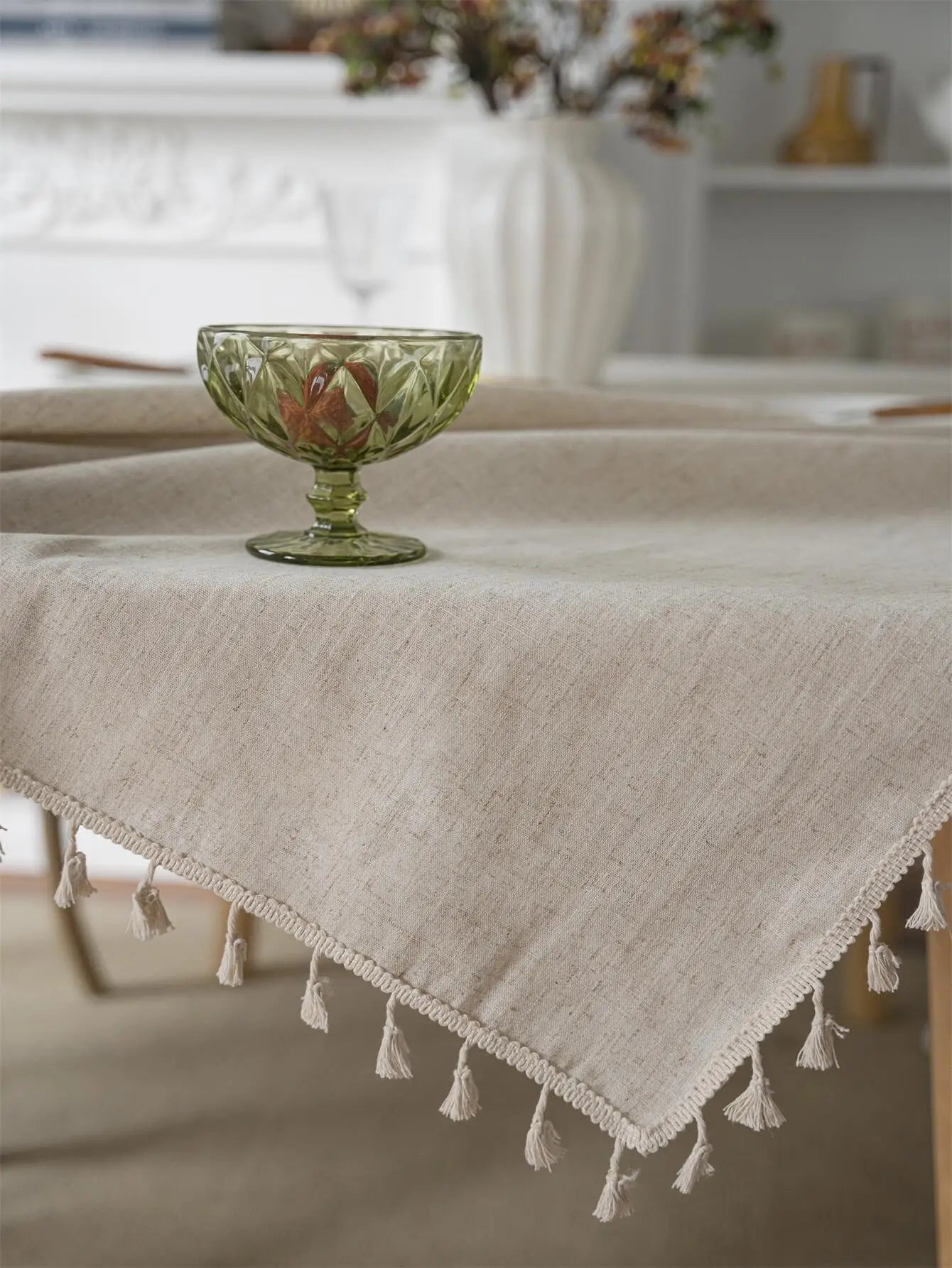 Linen beige tablecloth in Boho Style