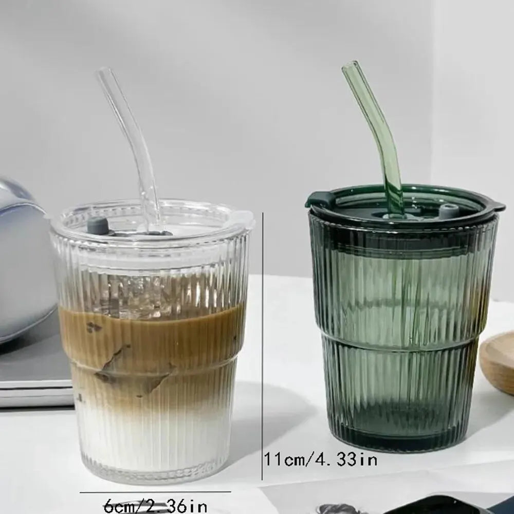 Designer glass in retro style with lid and straw