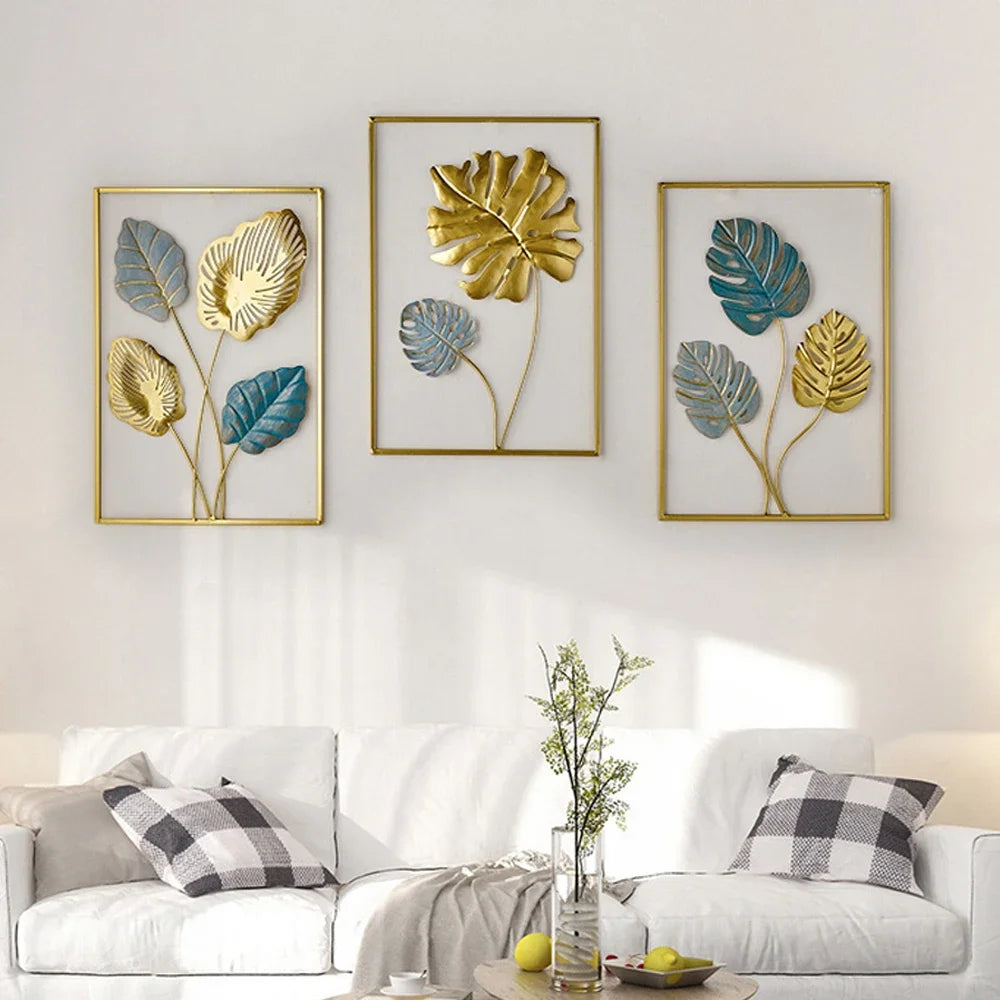 Set 3 ks kovových obrazů listů v rámu 3Pcs  Ginkgo Leaf