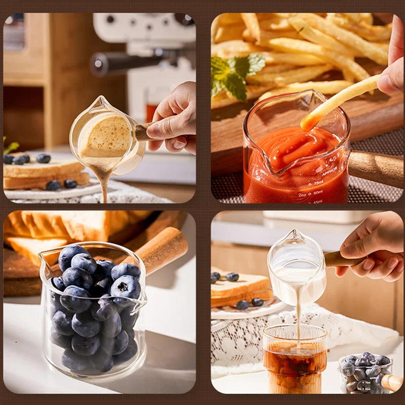 Glass measuring cups with wooden handles