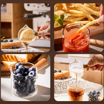 Glass measuring cups with wooden handles