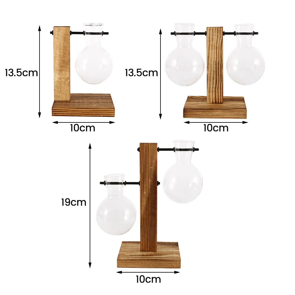 Wooden stand for hydroponic plants in the form of glass flasks